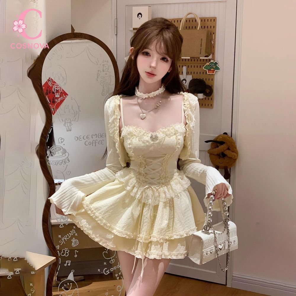 Elastic Lace Trim - ชุดเดรสแคมิโซลสไตล์โลลิต้าหวานๆ สำหรับผู้หญิง ตกแต่งลูกไม้ แขนพอง เอวสูง คอร์เซ็ต