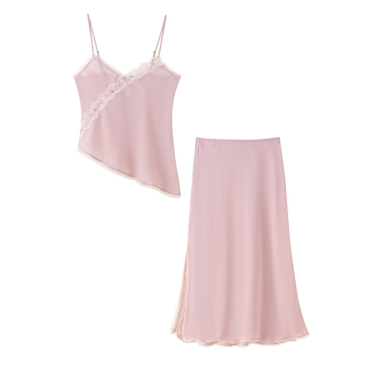 Elastic Lace Trim - ชุดเสื้อสายเดี่ยวสีชมพูและกระโปรง Tidalyf 2025 สำหรับผู้หญิง คอรูปหัวใจ แต่งขอบลูกไม้